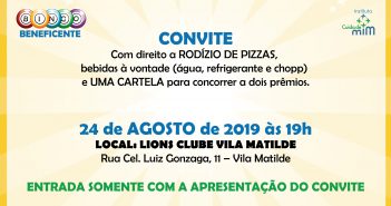 Adquira seu convite do Bingo Beneficente Bingo Beneficente e Noite da Pizza no Instituto Cuida de Mim